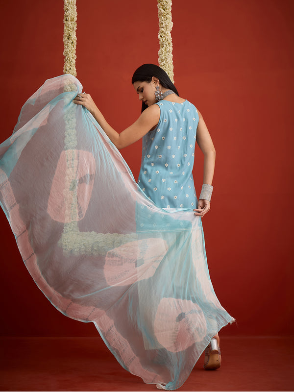 Stylum Women's Sky Blue Ethnic Motifs Printed & Embroidered Rayon Straight Short Kurti Farshi Salwar Dupatta Set (KSDAQUASARGI)