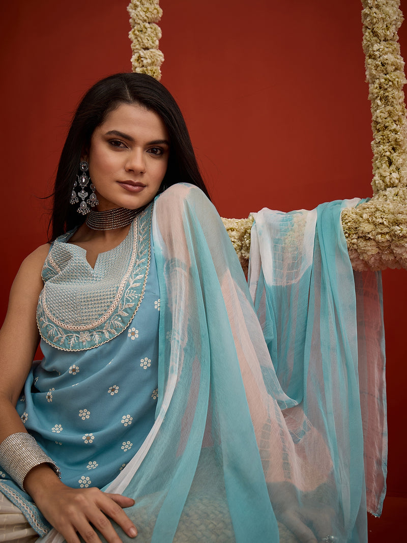 Stylum Women's Sky Blue Ethnic Motifs Printed & Embroidered Rayon Straight Short Kurti Farshi Salwar Dupatta Set (KSDAQUASARGI)