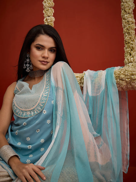 Stylum Women's Sky Blue Ethnic Motifs Printed & Embroidered Rayon Straight Short Kurti Farshi Salwar Dupatta Set (KSDAQUASARGI)