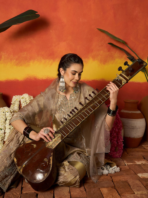 Stylum Women's Beige Solid & Embroidered Silk Blend Straight Kurti Sharara With Dupatta (KSDBEIGEJENIFER)
