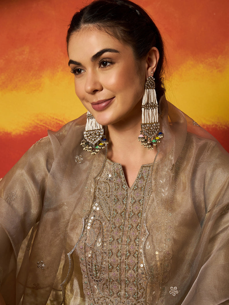 Stylum Women's Beige Solid & Embroidered Silk Blend Straight Kurti Sharara With Dupatta (KSDBEIGEJENIFER)