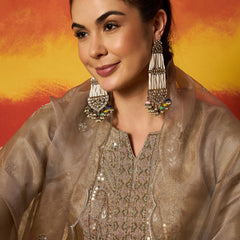 Stylum Women's Beige Solid & Embroidered Silk Blend Straight Kurti Sharara With Dupatta (KSDBEIGEJENIFER)