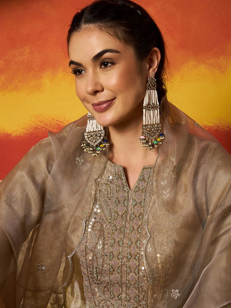 Stylum Women's Beige Solid & Embroidered Silk Blend Straight Kurti Sharara With Dupatta (KSDBEIGEJENIFER)