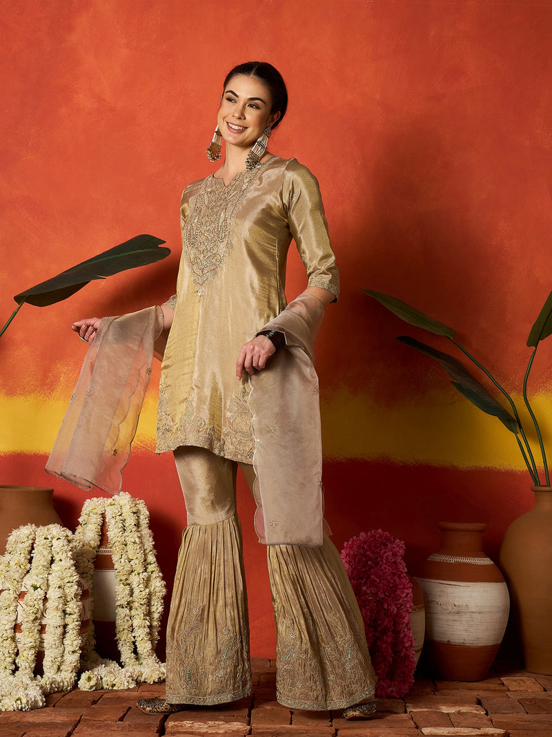Stylum Women's Beige Solid & Embroidered Silk Blend Straight Kurti Sharara With Dupatta (KSDBEIGEJENIFER)