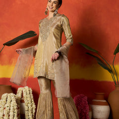 Stylum Women's Beige Solid & Embroidered Silk Blend Straight Kurti Sharara With Dupatta (KSDBEIGEJENIFER)