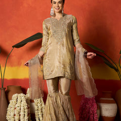 Stylum Women's Beige Solid & Embroidered Silk Blend Straight Kurti Sharara With Dupatta (KSDBEIGEJENIFER)