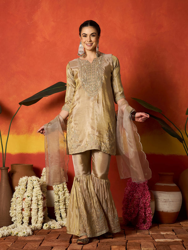 Stylum Women's Beige Solid & Embroidered Silk Blend Straight Kurti Sharara With Dupatta (KSDBEIGEJENIFER)