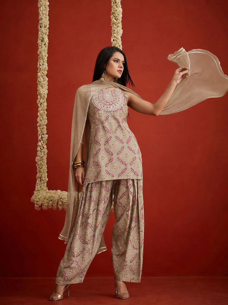 Stylum Women's Beige Bandhej Printed & Embroidered Rayon Straight Short Kurti Farshi Salwar Dupatta Set (KSDBEIGENYCIL)