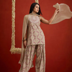 Stylum Women's Beige Bandhej Printed & Embroidered Rayon Straight Short Kurti Farshi Salwar Dupatta Set (KSDBEIGENYCIL)