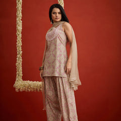 Stylum Women's Beige Bandhej Printed & Embroidered Rayon Straight Short Kurti Farshi Salwar Dupatta Set (KSDBEIGENYCIL)