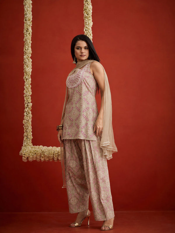Stylum Women's Beige Bandhej Printed & Embroidered Rayon Straight Short Kurti Farshi Salwar Dupatta Set (KSDBEIGENYCIL)