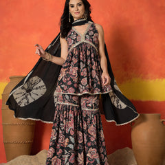 Stylum Women's Black Floral Printed Pure Cotton A-Line Short Kurti Sharara Dupatta Set (KSDBLACKAMBUSH)