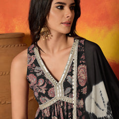 Stylum Women's Black Floral Printed Pure Cotton A-Line Short Kurti Sharara Dupatta Set (KSDBLACKAMBUSH)