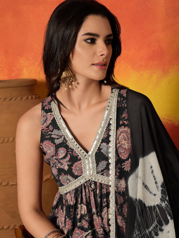 Stylum Women's Black Floral Printed Pure Cotton A-Line Short Kurti Sharara Dupatta Set (KSDBLACKAMBUSH)
