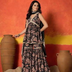 Stylum Women's Black Floral Printed Pure Cotton A-Line Short Kurti Sharara Dupatta Set (KSDBLACKAMBUSH)