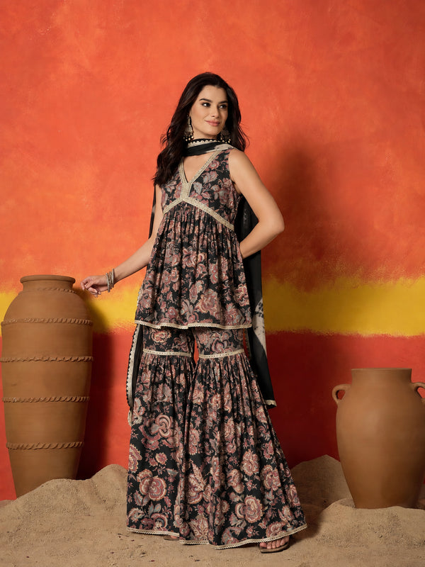 Stylum Women's Black Floral Printed Pure Cotton A-Line Short Kurti Sharara Dupatta Set (KSDBLACKAMBUSH)