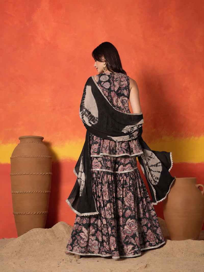 Stylum Women's Black Floral Printed Pure Cotton A-Line Short Kurti Sharara Dupatta Set (KSDBLACKAMBUSH)