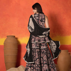 Stylum Women's Black Floral Printed Pure Cotton A-Line Short Kurti Sharara Dupatta Set (KSDBLACKAMBUSH)