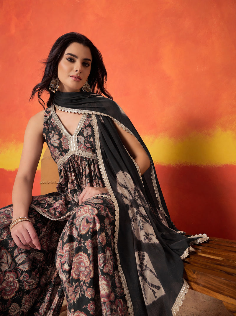 Stylum Women's Black Floral Printed Pure Cotton A-Line Short Kurti Sharara Dupatta Set (KSDBLACKAMBUSH)