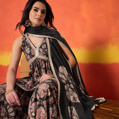 Stylum Women's Black Floral Printed Pure Cotton A-Line Short Kurti Sharara Dupatta Set (KSDBLACKAMBUSH)