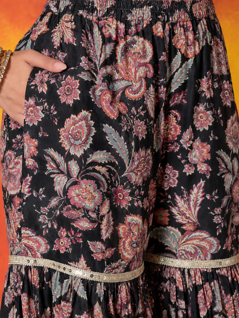 Stylum Women's Black Floral Printed Pure Cotton A-Line Short Kurti Sharara Dupatta Set (KSDBLACKAMBUSH)