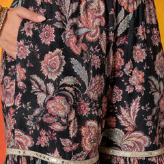 Stylum Women's Black Floral Printed Pure Cotton A-Line Short Kurti Sharara Dupatta Set (KSDBLACKAMBUSH)