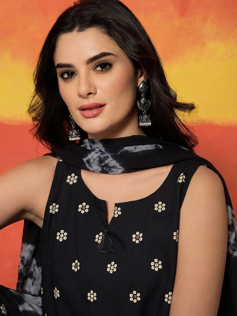Stylum Women's Black Floral Printed Rayon Straight Kurti Farshi Salwar Dupatta Set (KSDBLACKKANGNA)