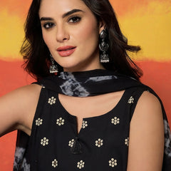 Stylum Women's Black Floral Printed Rayon Straight Kurti Farshi Salwar Dupatta Set (KSDBLACKKANGNA)