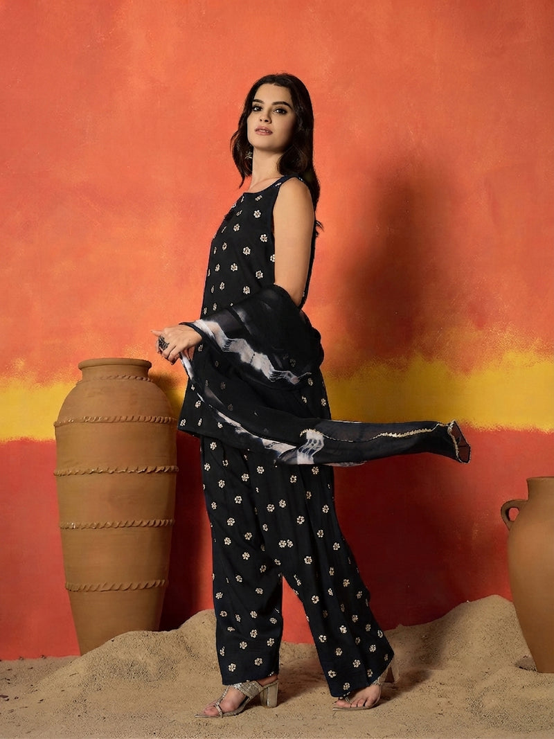 Stylum Women's Black Floral Printed Rayon Straight Kurti Farshi Salwar Dupatta Set (KSDBLACKKANGNA)
