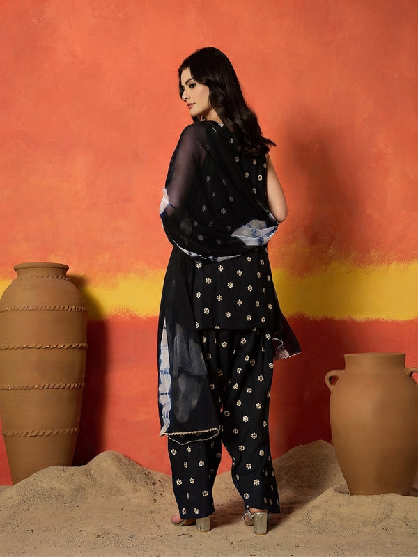 Stylum Women's Black Floral Printed Rayon Straight Kurti Farshi Salwar Dupatta Set (KSDBLACKKANGNA)