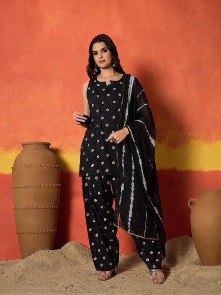 Stylum Women's Black Floral Printed Rayon Straight Kurti Farshi Salwar Dupatta Set (KSDBLACKKANGNA)