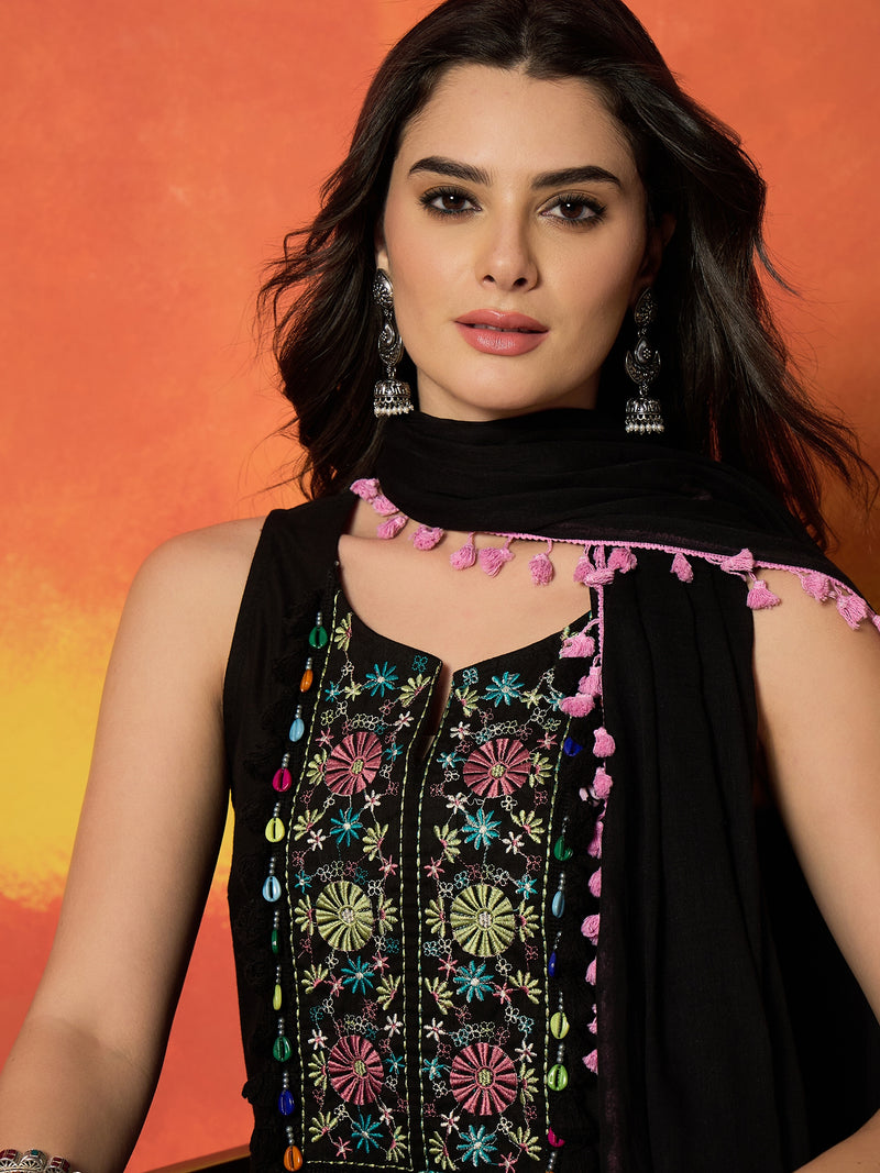 Women's Black Solid & Embroidered Pure Cotton Straight Kurti Farshi Salwar With Dupatta Set (KSDBLACKKOTTY)