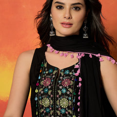 Women's Black Solid & Embroidered Pure Cotton Straight Kurti Farshi Salwar With Dupatta Set (KSDBLACKKOTTY)