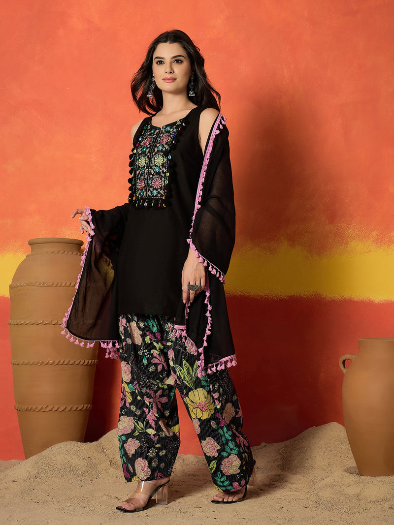 Women's Black Solid & Embroidered Pure Cotton Straight Kurti Farshi Salwar With Dupatta Set (KSDBLACKKOTTY)