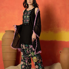 Women's Black Solid & Embroidered Pure Cotton Straight Kurti Farshi Salwar With Dupatta Set (KSDBLACKKOTTY)
