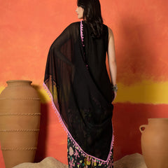 Women's Black Solid & Embroidered Pure Cotton Straight Kurti Farshi Salwar With Dupatta Set (KSDBLACKKOTTY)