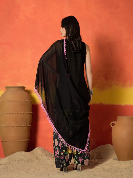 Women's Black Solid & Embroidered Pure Cotton Straight Kurti Farshi Salwar With Dupatta Set (KSDBLACKKOTTY)