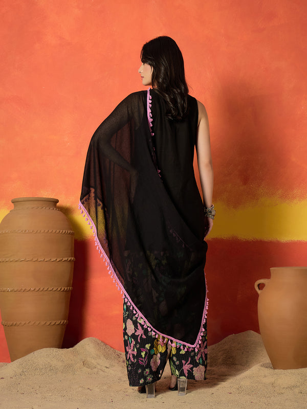 Women's Black Solid & Embroidered Pure Cotton Straight Kurti Farshi Salwar With Dupatta Set (KSDBLACKKOTTY)