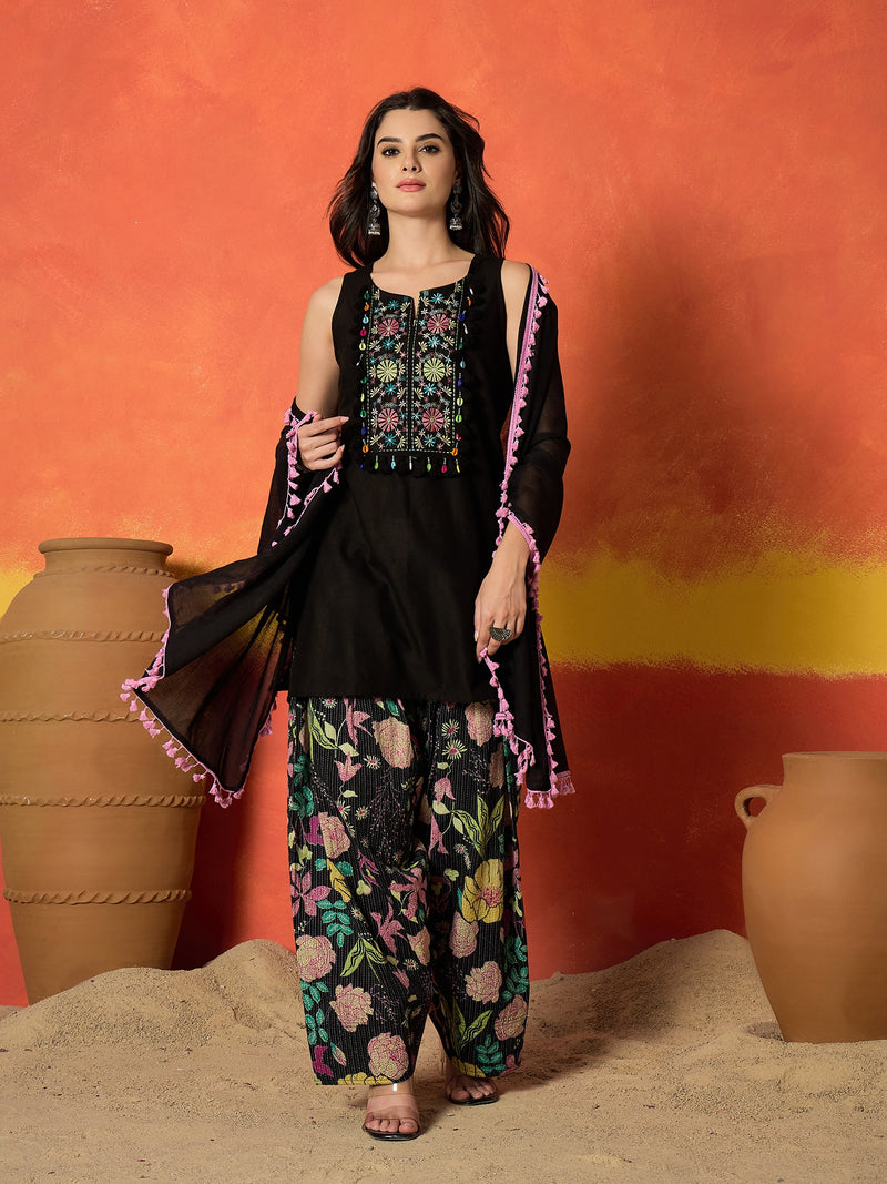 Women's Black Solid & Embroidered Pure Cotton Straight Kurti Farshi Salwar With Dupatta Set (KSDBLACKKOTTY)