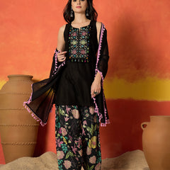 Women's Black Solid & Embroidered Pure Cotton Straight Kurti Farshi Salwar With Dupatta Set (KSDBLACKKOTTY)
