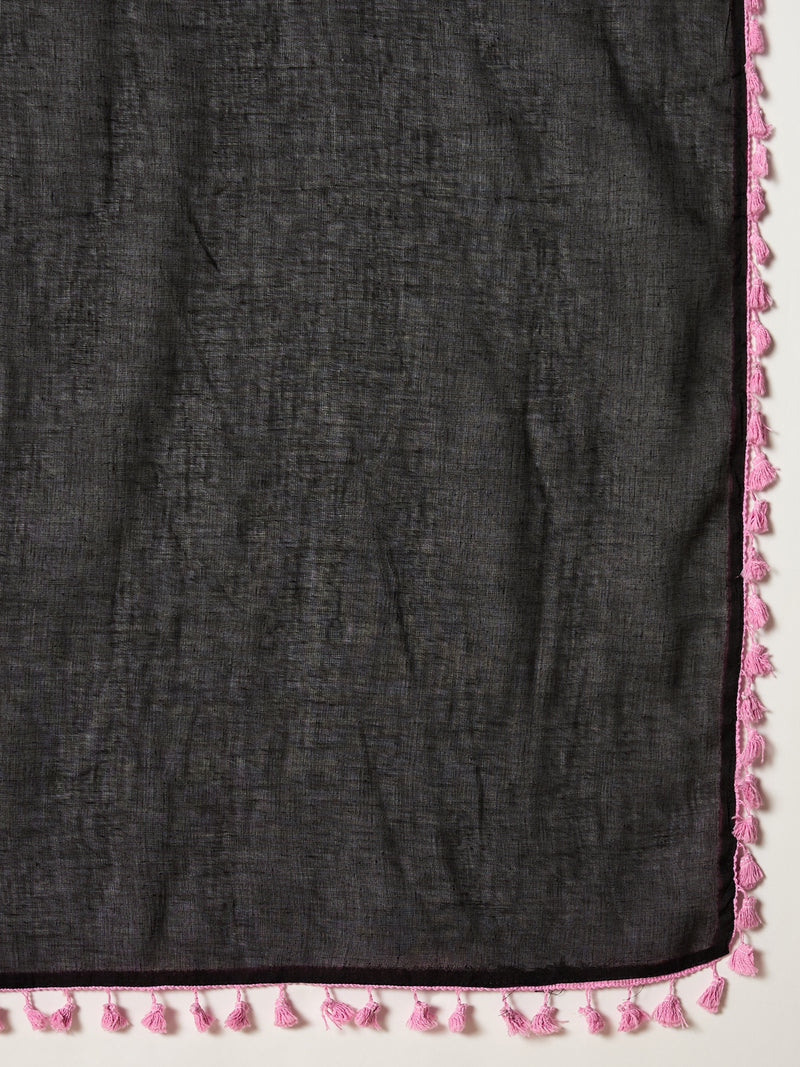 Women's Black Solid & Embroidered Pure Cotton Straight Kurti Farshi Salwar With Dupatta Set (KSDBLACKKOTTY)