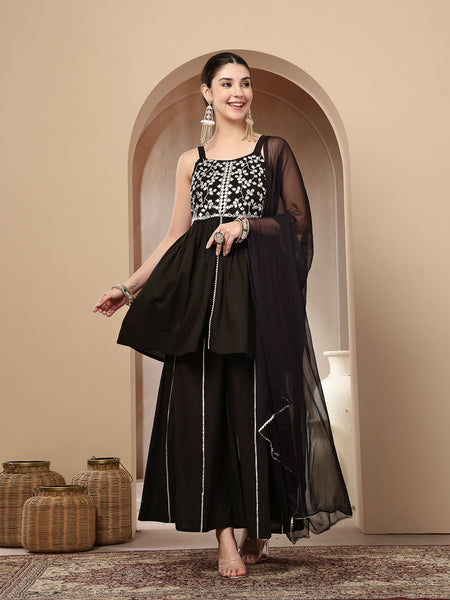 Stylum Women's Black Solid & Embroidered Rayon Short Kurti Sharara Dupatta Set (KSDBLACKSOLO)