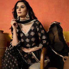 Stylum Women's Black Gold Printed Rayon A-Line Kurti Farshi Salwar With Dupatta (KSDBLACKWEDANI)