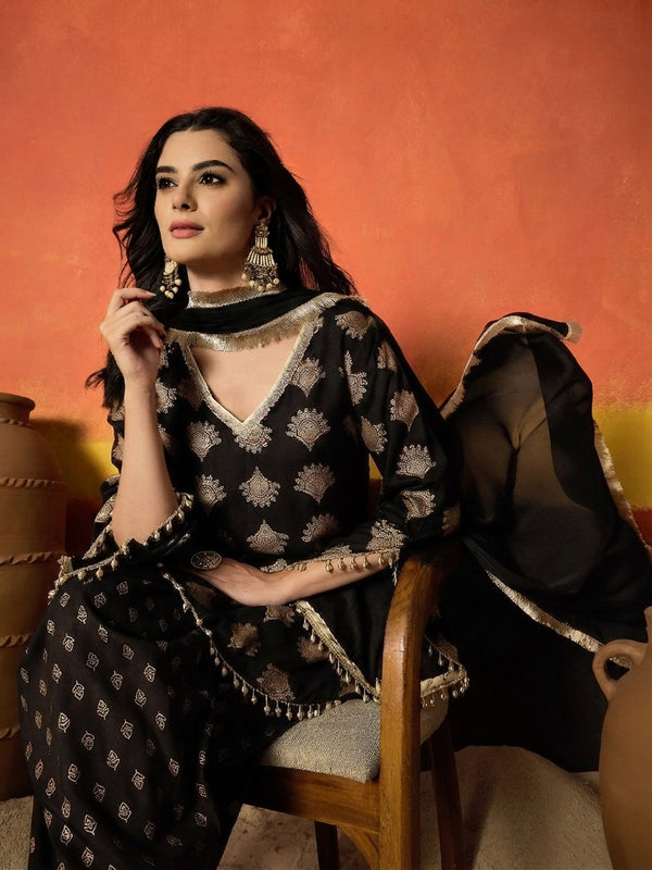 Stylum Women's Black Gold Printed Rayon A-Line Kurti Farshi Salwar With Dupatta (KSDBLACKWEDANI)