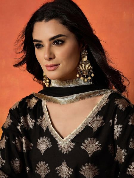 Stylum Women's Black Gold Printed Rayon A-Line Kurti Farshi Salwar With Dupatta (KSDBLACKWEDANI)