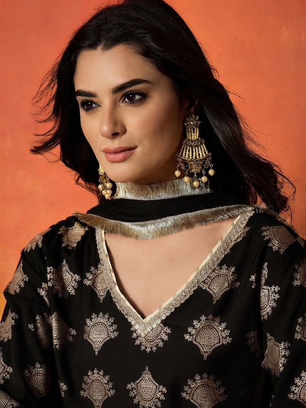 Stylum Women's Black Gold Printed Rayon A-Line Kurti Farshi Salwar With Dupatta (KSDBLACKWEDANI)