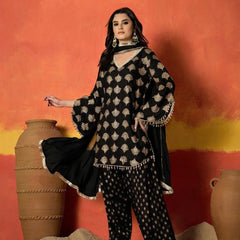 Stylum Women's Black Gold Printed Rayon A-Line Kurti Farshi Salwar With Dupatta (KSDBLACKWEDANI)