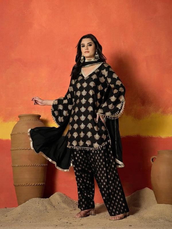 Stylum Women's Black Gold Printed Rayon A-Line Kurti Farshi Salwar With Dupatta (KSDBLACKWEDANI)