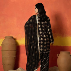 Stylum Women's Black Gold Printed Rayon A-Line Kurti Farshi Salwar With Dupatta (KSDBLACKWEDANI)