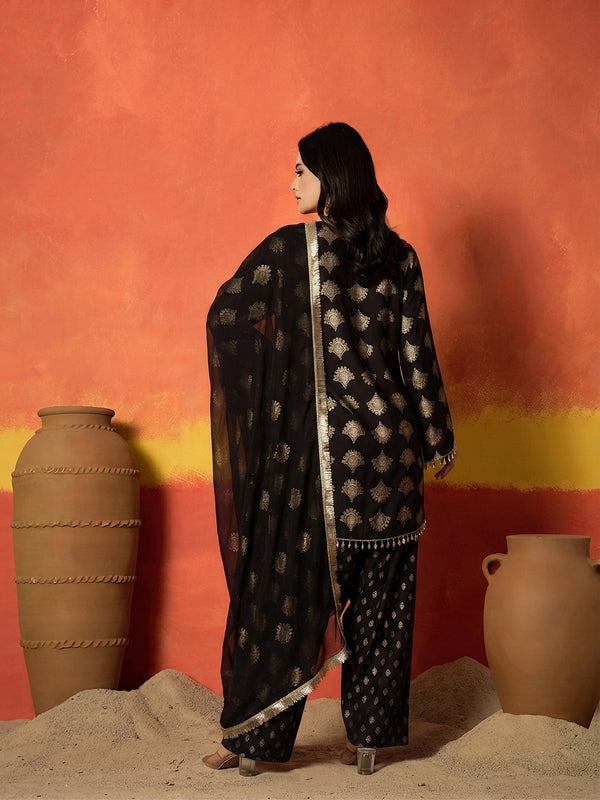 Stylum Women's Black Gold Printed Rayon A-Line Kurti Farshi Salwar With Dupatta (KSDBLACKWEDANI)